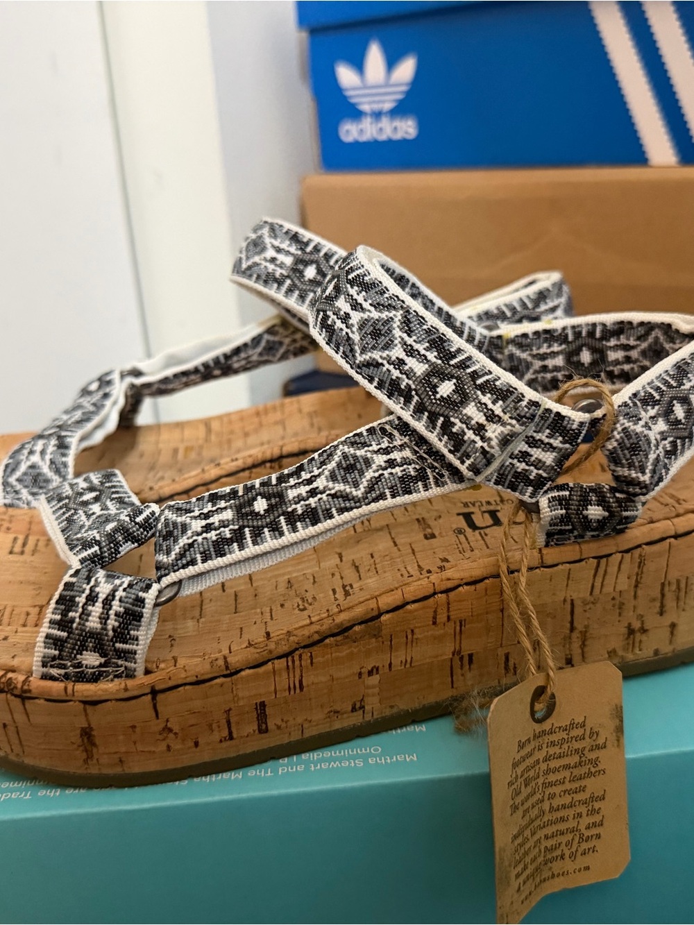 Born Black & White Patterned Cork Wedge Sandals